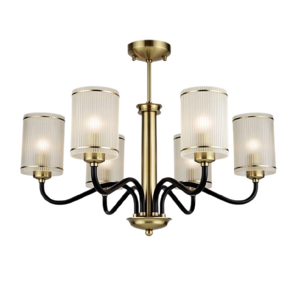 **Technische titel in het Nederlands:** Moderne plafondlamp met gouden en zwarte afwerking en glazen kappen